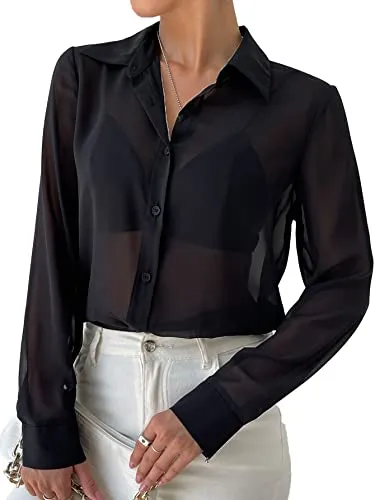 Verdusa Women's Sheer Mesh Button Up Shirt Long Sleeve Chiffon Blouse Top Black M