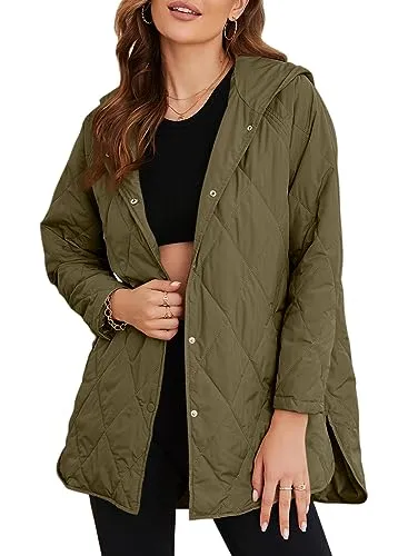 EVALESS Winter Jacket for Women Business Casual Clothes Fashion 2023 Teacher Outfits Diamond Quilted Jackets Long Sleeve Button Down Puffer Jacket Cozy Shacket Jeacket Green Coat with Pockets, Medium