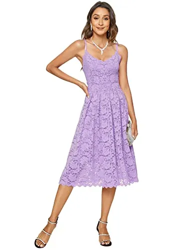 Riatobe Womens Lace Floral Overlay V Neck Sexy Sleeveless Cocktail Party Swing Wedding Dresses Light Purple