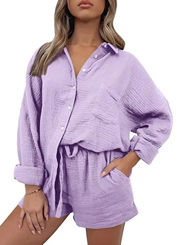 AUTOMET Womens Fashion 2 Piece Outfits For Women Lounge Sets Pajama Sets Two Piece Button Down Oversized Shirts Spring Outfits 2024