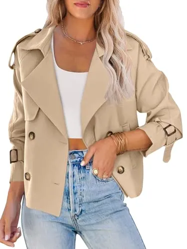 Saodimallsu Women Crop Double Breasted Trench Coat Raglan Sleeve Work Office Cropped Jacket With Pockets
