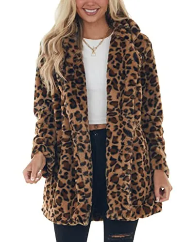 Omoone Women's Faux Fur Jackets Autumn Winter Leopard Coats Loose Fur Coat with Pockets(3361-Brown-S)