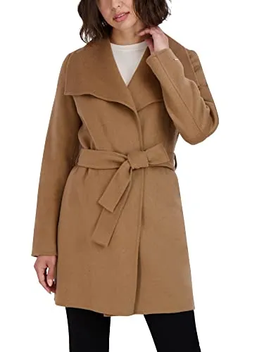 TAHARI Women's Ella Lightweight Double Face Wool Wrap Coat with Tie Belt, Solid Camel, Medium