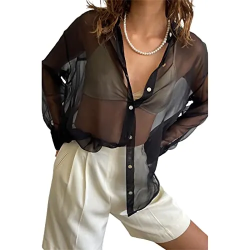 Women’s Sheer Button Up Shirt Y2K Long Sleeve Lapel V Neck Mesh Top Vintage See Through Basic Blouse Streetwear(A-Black, S)