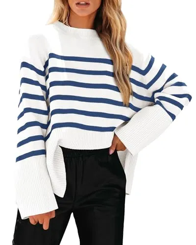 PRETTYGARDEN Women's 2024 Fall Striped Sweater Oversized Long Sleeve Crew Neck Side Slit Casual Trendy Knit Pullover Sweaters (Navy,Small)
