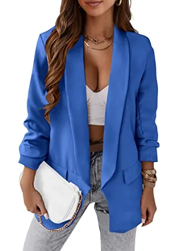 KIRUNDO Womens Spring Fall Fashion 2024 Casual Blazers Long Sleeve Open Front Work Suit Office Blazer Jackets with Pockets(Blue, X-Large)