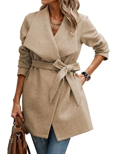 AOVDE Trench Coat for Women 2023 Winter Mid-Long Wool Blend Cardigan Jacket Casual Lapel Collar Outwear With Belt Khaki Medium