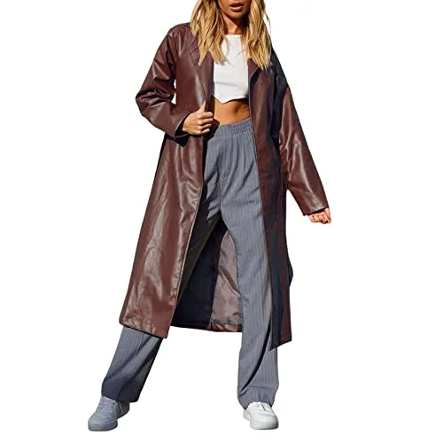 chouyatou Women's Casual Lapel Open Front Pu Faux Leather Long Trench Coat with Belt (Medium, Brown)