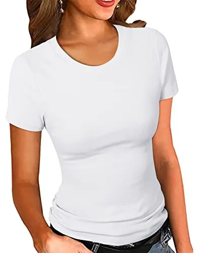 PALINDA Women's Crew Neck Ribbed Fitted Shirt Basic Short Sleeves Summer T Shirt Tops(White M)