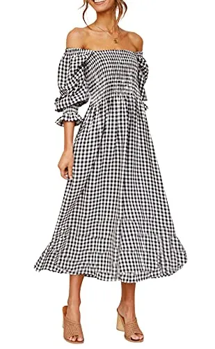 R.Vivimos Summer Dress for Women Long Sleeve Casual Plaid Print Smocked Off Shoulder A-Line Midi Dress (Medium, Black-Plaid#2)