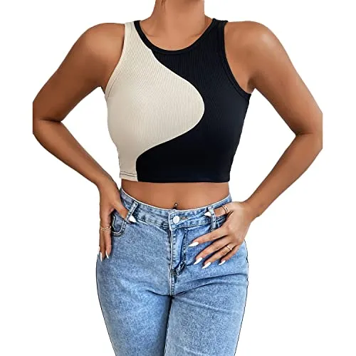 BROVAVE Women Casual Basic Sleeveless Crew Neck Color Block Rib-Knit Crop Tank Tops