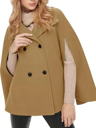 Tankaneo Women&rsquo;s Double Breasted Poncho Lapel Collar Button Cloak Cape Coat with Pockets