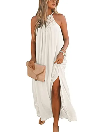 FARORO Women's Boho Dress Crochet Strap Dresses Cami Halter Neck Sundress Hollow Out Long Maxi Gown Cover Ups with Pockets White