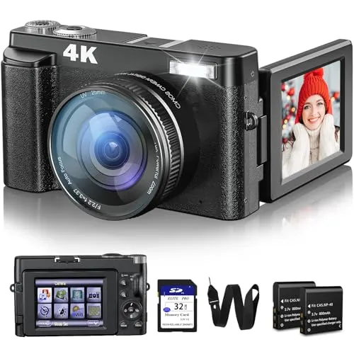 4K Digital Camera for Photography and Video, 48MP Vlogging Camera with SD Card Autofocus Anti-Shake, 3'' 180&deg; Flip Screen Digital Camera with Flash 16X Zoom, Compact Camera for Travel (2 Batteries)