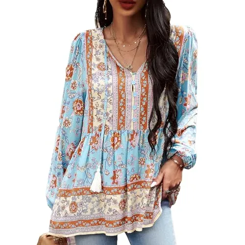 Rixiland Women Floral Boho Tunic Tops Babydoll Shirts Long Sleeve Blouses Self-Tie V Neck T Shirts Blue