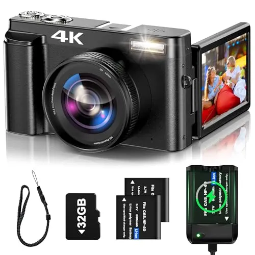 4K Digital Camera for Photography Auto-Focus 4K Camera with 180&deg; 3.0 inch Flip Screen 16X Anti-Shake Vlogging Camera for YouTube Video Compact Cameras with SD Card, 2 Batteries and Battery Charger