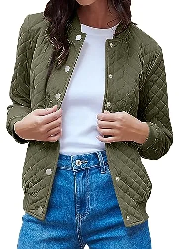 PRETTYGARDEN Womens Fall Quilted Bomber Jacket Long Sleeve Button Down Outerwear Trendy Casual Winter Coats With Pockets (Army Green,Small)