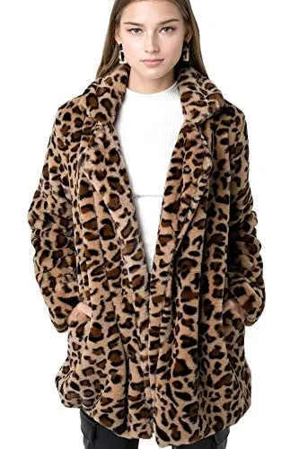 Mirabell Women's Long Sleeve Leopard Print Faux Fur Coat (Leopard - Animal, Small)
