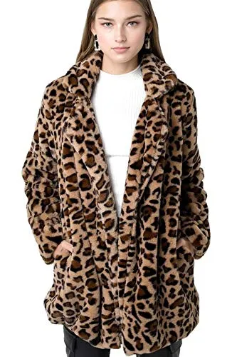 Mirabell Women's Long Sleeve Leopard Print Faux Fur Coat (Leopard - Animal, Small)