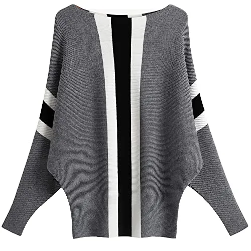 Ckikiou Womens Lightweight Oversized Boat Neck Sweaters Tops Dolman Batwing Sleeve Ribbed Knitted Pullovers