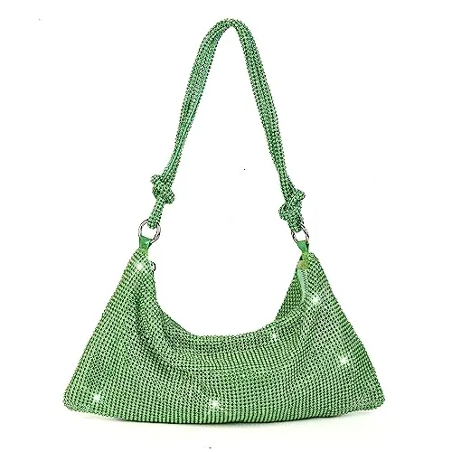 Valleycomfy Chic Rhinestone Purses for Women Sparkly Evening Handbag Bling Hobo Bag Shiny Silver Clutch Purse for Party Club Wedding Green