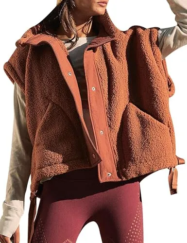 Yeokou Women's Fleece Vest Casual Sleeveless Button Down Winter Warm Sherpa Jacket with Pockets(-Rust-S)