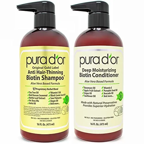 PURA D’OR Anti-Thinning Biotin Shampoo and Conditioner Natural Earthy Scent,Clinically Tested Proven Results DHT Blocker Thickening Products For Women & Men,Original Gold Label Hair Care Set 16oz x2