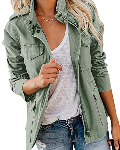 Pepochic Womens Military Jacket Zip Up Snap Buttons Lightweight Utility Anorak Field Safari Coat Outwear&hellip;