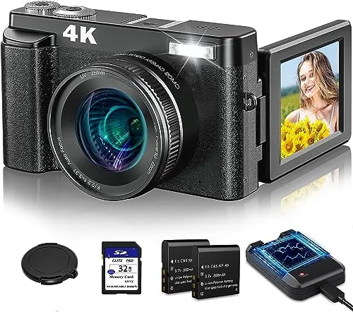 4K Digital Camera for Photography Autofocus, 48MP Vlogging Camera with SD Card Anti-Shake, 3'' 180&deg; Flip Screen Compact Video Camera for Travel, 16X Zoom Digital Camera for Teens with Flash