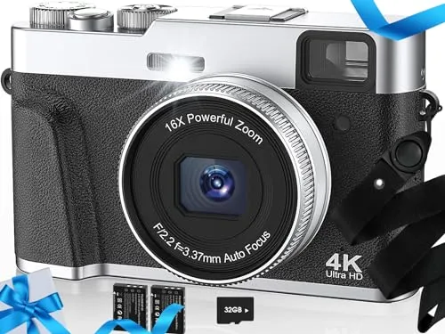 Upgraded 4K Digital Camera with SD Card Autofocus,48MP Point and Shoot Camera with Flash Viewfinder & Dial,Vlogging Camera Anti-Shake,16X Zoom Portable Travel Camera,2 Batteries