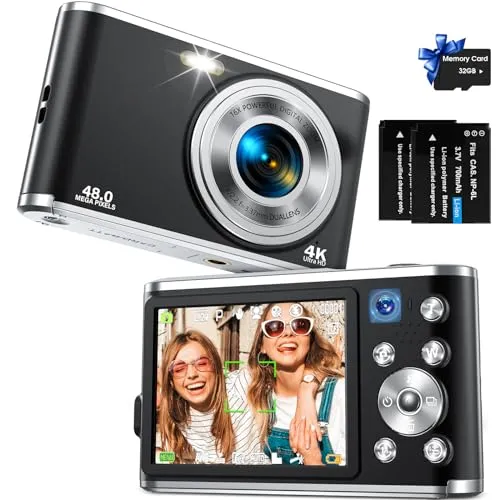 Digital Camera, Auto Focus FHD 4K Vlogging Camera with Dual Camera 48MP 16X Digital Zoom Kids Compact Camera with 32GB Memory Card Portable Point and Shoot Cameras for Teens Beginner Adult,Black