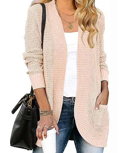 ZESICA Women's 2024 Fall Winter Long Sleeve Open Front Casual Lightweight Soft Knit Cardigan Sweater Outerwear,Blush,Medium