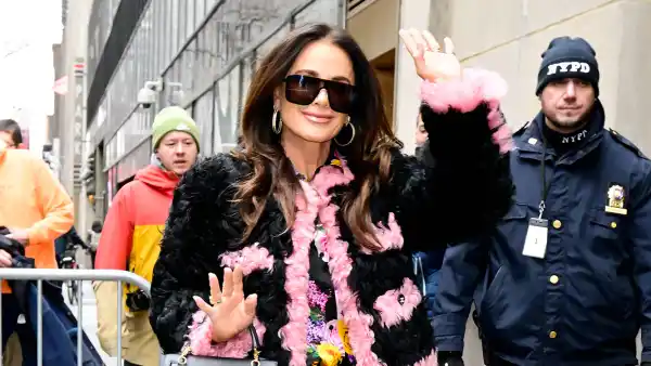 Feature Kyle Richards Channels Her Inner French Girl in Black and Pink Cropped Shearling Jacket