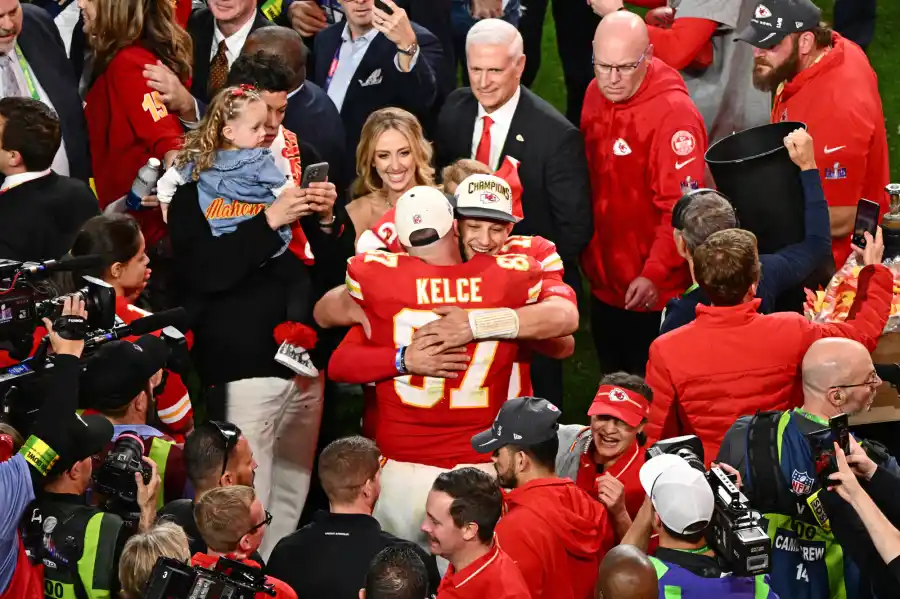 Patrick Mahomes and Travis Kelce Hug After Super Bowl Win