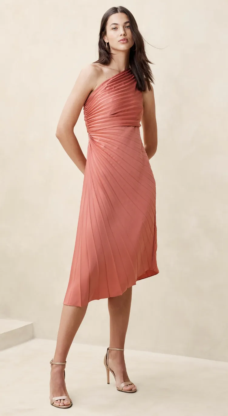  One-Shoulder Pleated Midi Dress