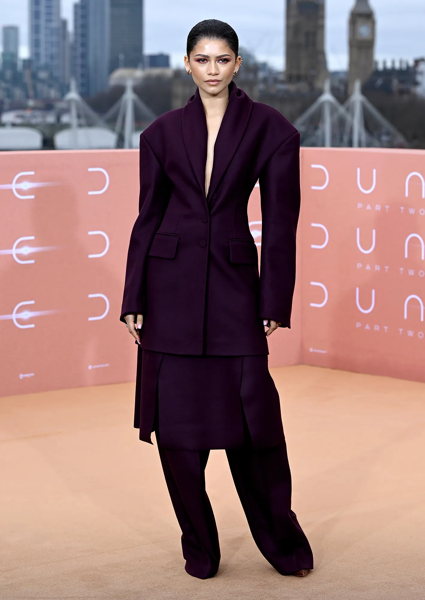 Timothee Chalamet and Zendaya Coordinate in Maroon Looks While Promoting Dune Part Two