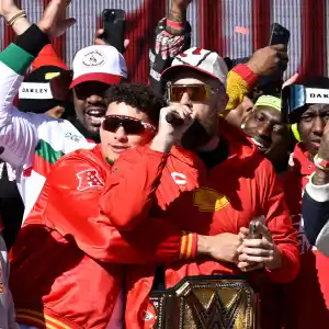 Travis Kelce Pumps Up the Crowd at the Kansas City Chiefs 2024 Super Bowl Parade 209