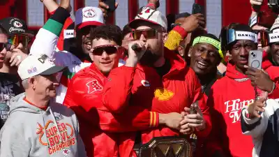 Travis Kelce Sings and Patrick Mahomes Is Shirtless at Chiefs Parade
