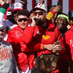 Travis Kelce Sings and Patrick Mahomes Is Shirtless at Chiefs Parade