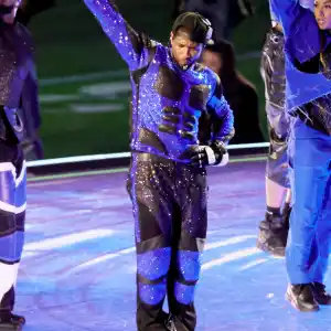 Usher Works With Off White to Design Bedazzled Blue and Black Roller Skating Look at the Super Bowl