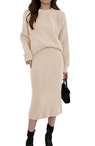 chouyatou Women's Two Piece Sweater Skirt Sets Knit Sweater Top Bodycon Skirt 2 Piece Outfits (Large, Beige)