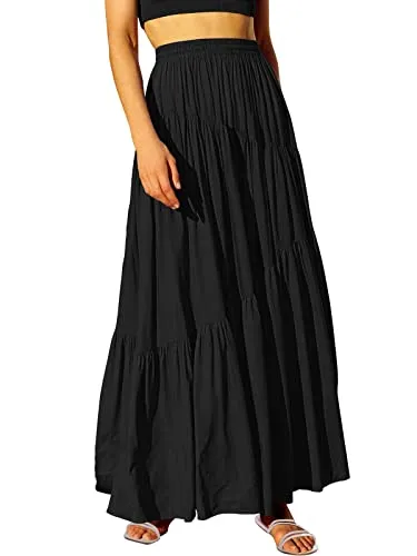 ANRABESS Women&rsquo;s Boho Elastic High Waist Pleated A-Line Flowy Swing Asymmetric Tiered Maxi Long Skirt Dress with Pockets 617heise-M Black