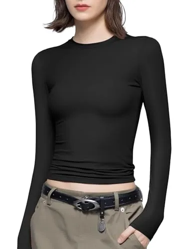 PUMIEY Long Sleeve Shirts for Women Slim Fit Tops Fall Fashion Basic Tee, Jet Black Meduim