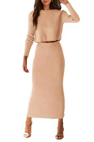 PRETTYGARDEN Women's Winter 2 Piece Sweater Set Rib Knit Long Sleeve Crop Top Maxi Bodycon Skirt Casual Outfits (Beige,Small)