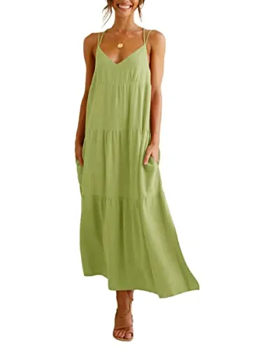 Febriajuce Women&rsquo;s Summer Maxi Dress Casaul Spaghetti Straps Solid V-Neck Backless Cami Dresses with Two Pockets Green
