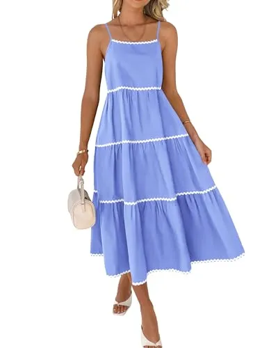 BTFBM Summer Dresses for Women 2024 Resort Outfits Adjustable Strap Tiered A-Line Swing Sundress Casual Boho Beach Dress(Solid Sky Blue, Medium)