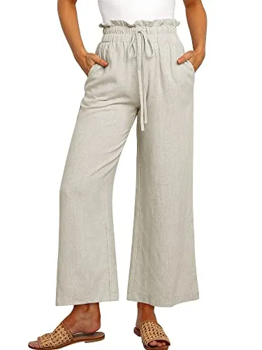 ANRABESS Women's Linen Pants Casual Loose High Waist Drawstring Wide Leg Capri Palazzo Lounge Pants Cropped Trousers 2024 Summer Resort Cruise Outfits Beige 939maxing-S