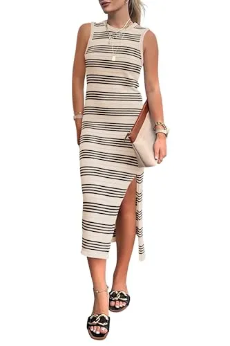 PRETTYGARDEN Women's Summer Bodycon Sundresses Casual Midi Sleeveless Hollow Out Knit Side Slit Striped Long Tank Dress (Apricot,X-Large)
