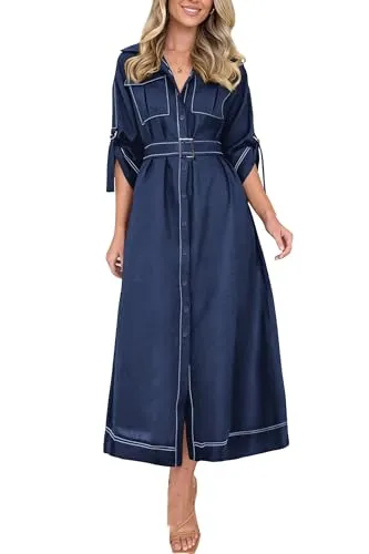 Prettygarden Belted Maxi Shirtdress