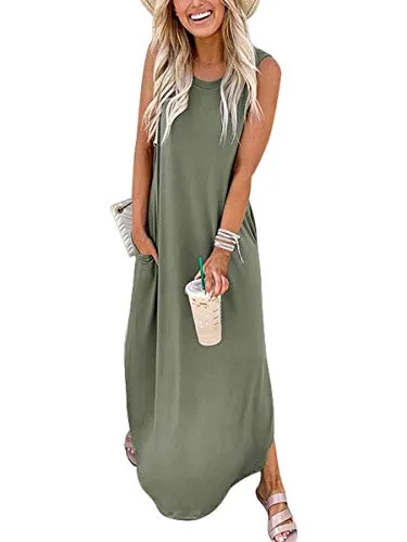 ANRABESS Women Dresses Sleeveless Split Long Maxi Beach Dress for Beach with Pockets A19ganlanlv-M Olive